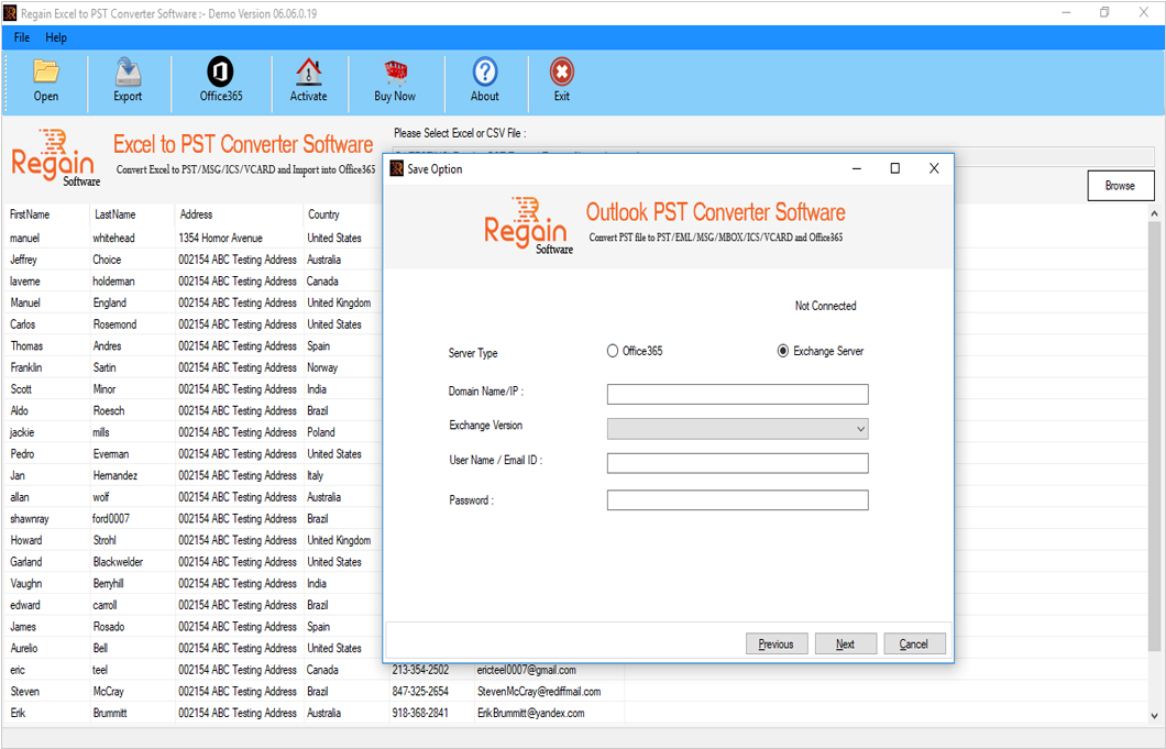 Migrate Excel file data to Live Exchange Server